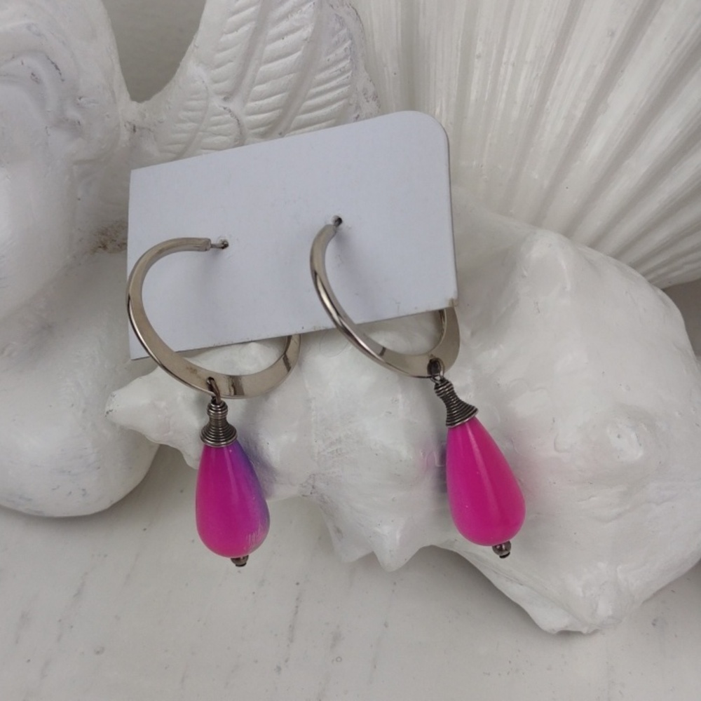 Funky Fun Hot Pink, Purple & Silver Tone Teardrop Hoop Drop Bead Earrings